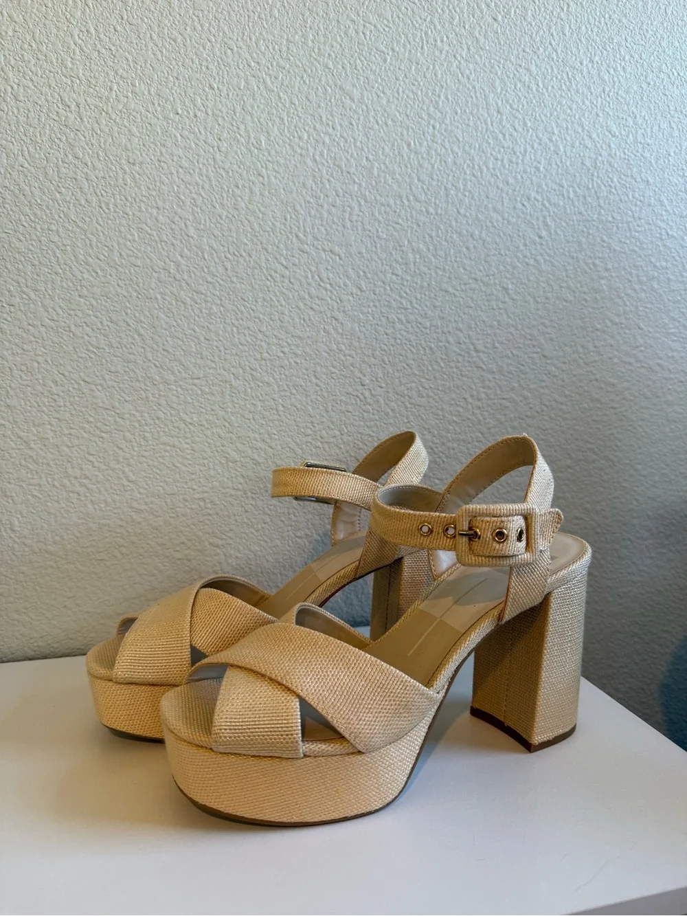 Dolce Vita Cream Platform Peep-Toe Sandals with Buckle Strap